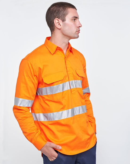 SW87 UNISEX HI-VIS COOL BREEZE CLOSED FRONT LS SHIRT WITH  PERFORATED TAPE