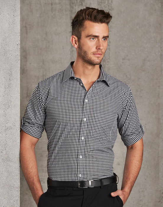 M7300L Men's Gingham Check Long Sleeve Shirt with Roll-up Tab Sleeve